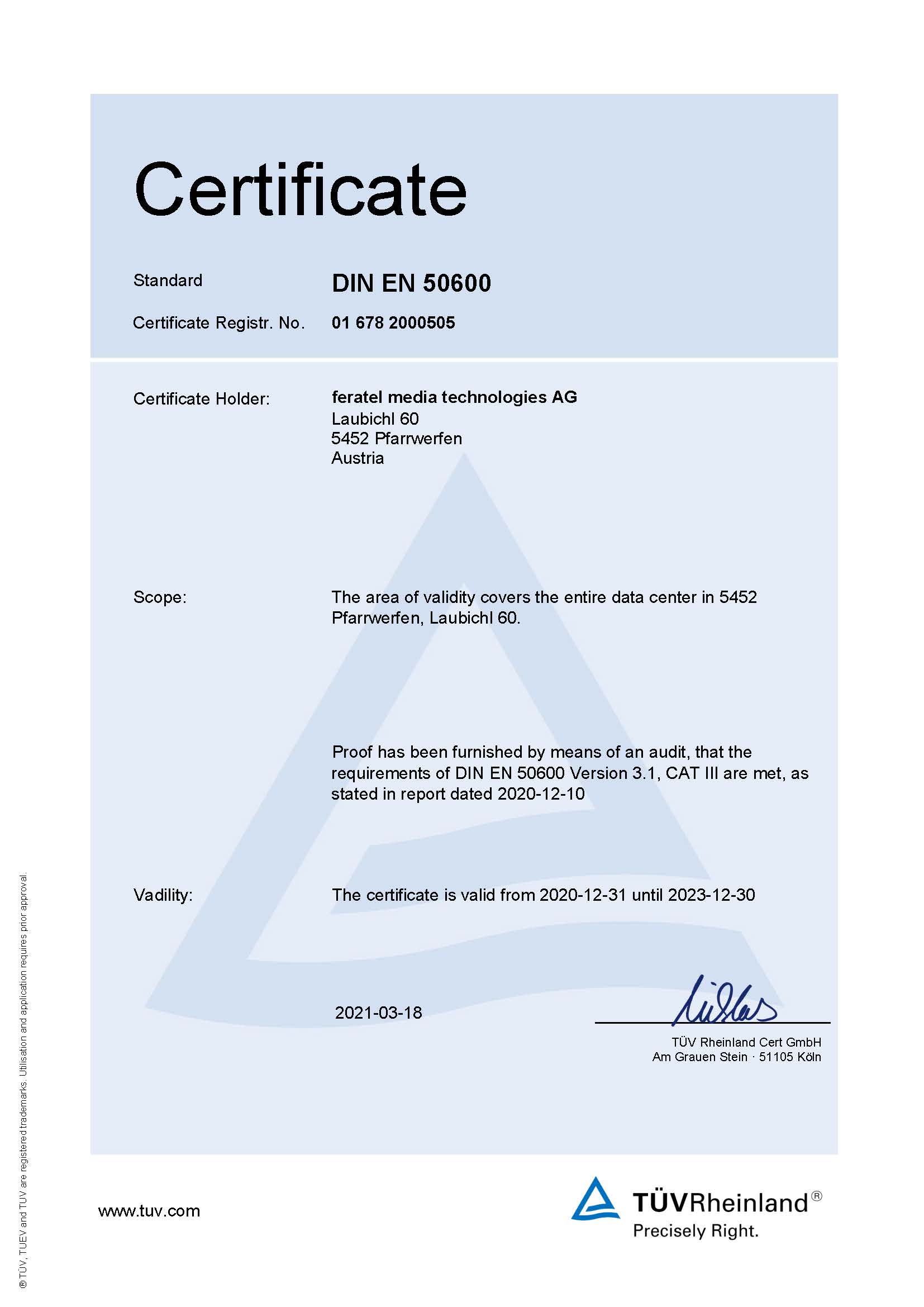Certification DIN EN 50600